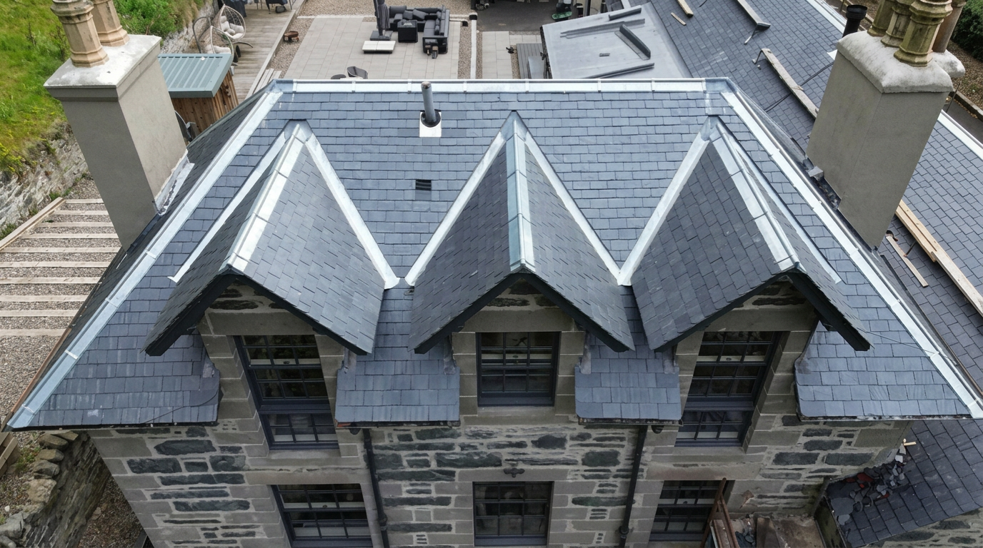 Rossi Roofing team installing a new slate roof in Perth, Scotland