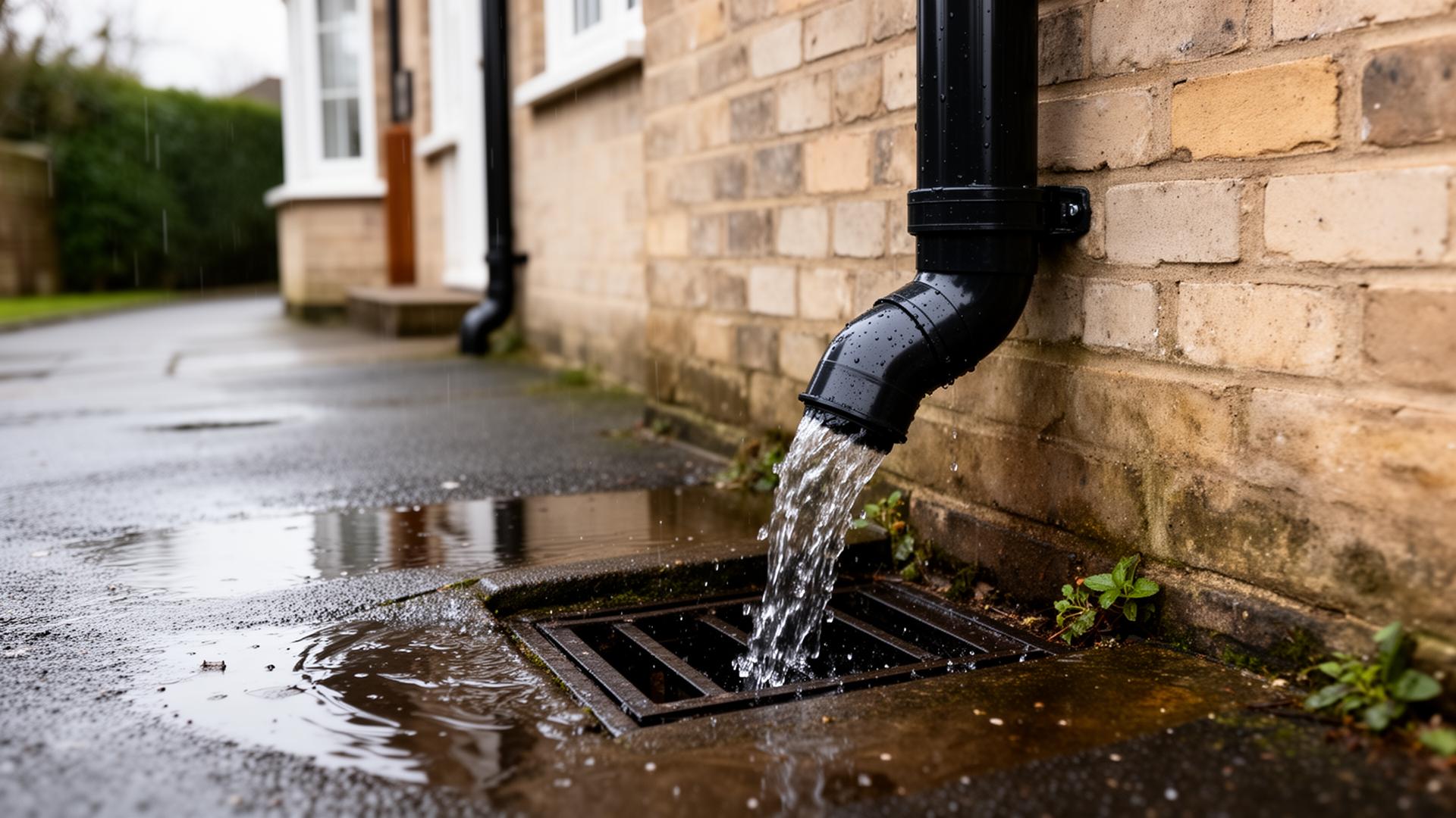Rainwater discharging from a downpipe into a ground-level drain gully