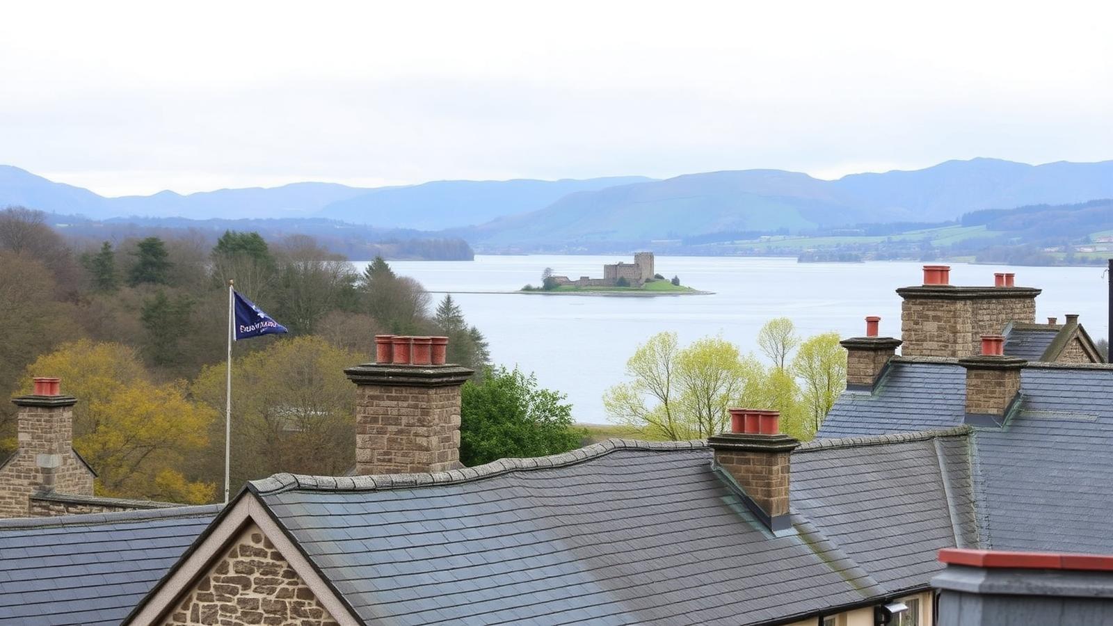 View over Loch Leven from Kinross with the castle island and traditional slate-roofed cottages — Rossi Roofing service area