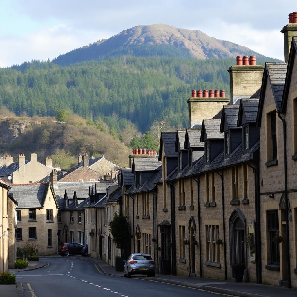 Pitlochry townscape in Highland Perthshire with Victorian sandstone buildings, slate rooftops and Ben Vrackie behind — Rossi Roofing service area