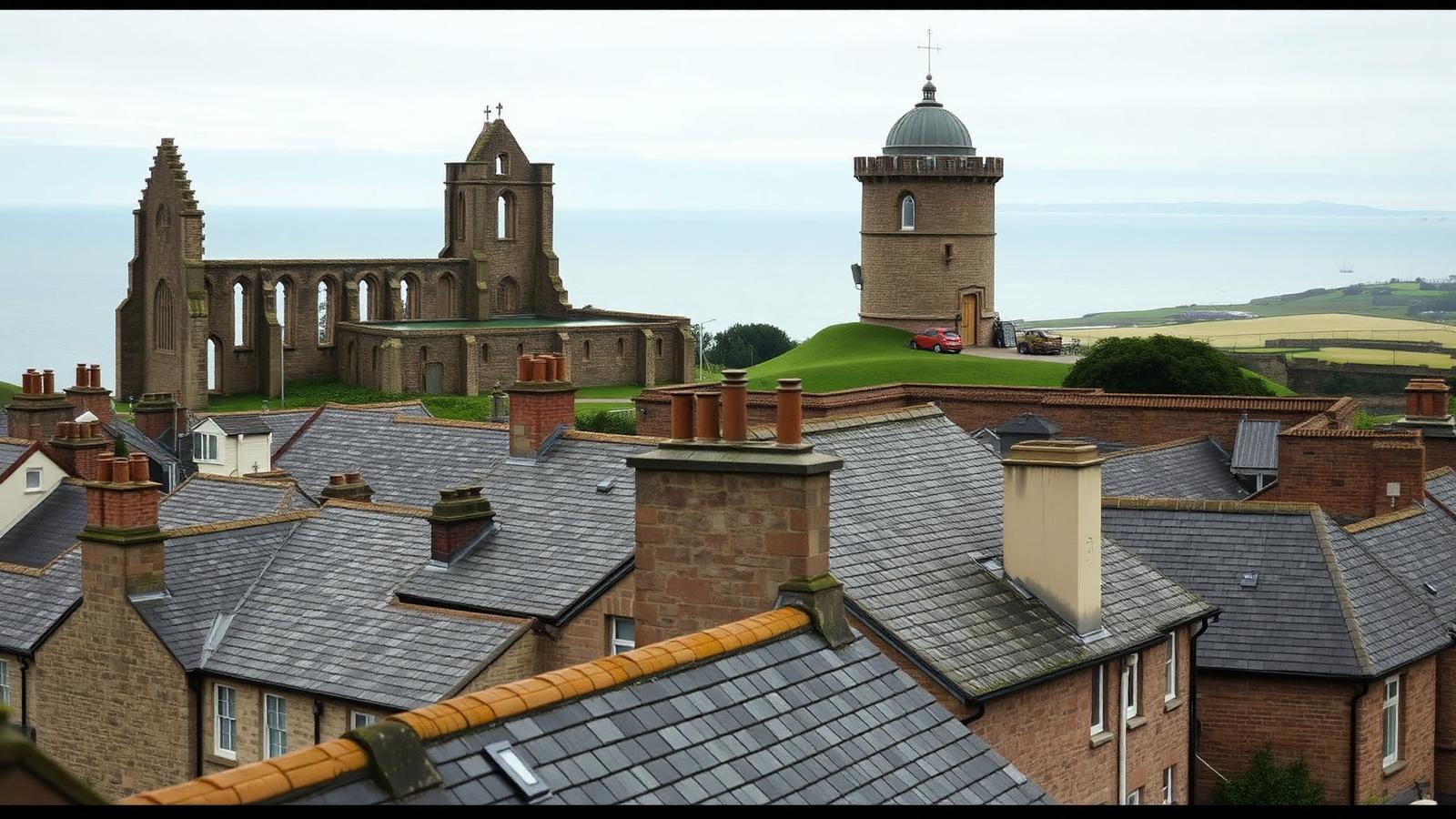 St Andrews coastline with the ruined cathedral, St Rule's Tower and historic slate rooftops — Rossi Roofing service area
